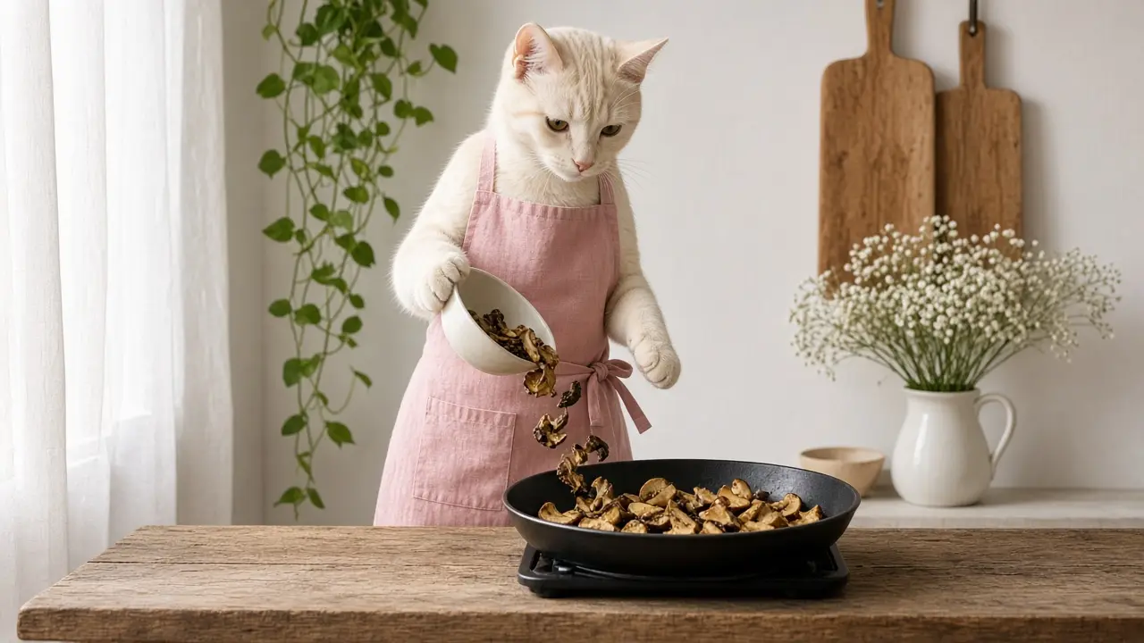 A cream-coloured cat in a pink apron, cooking this dish