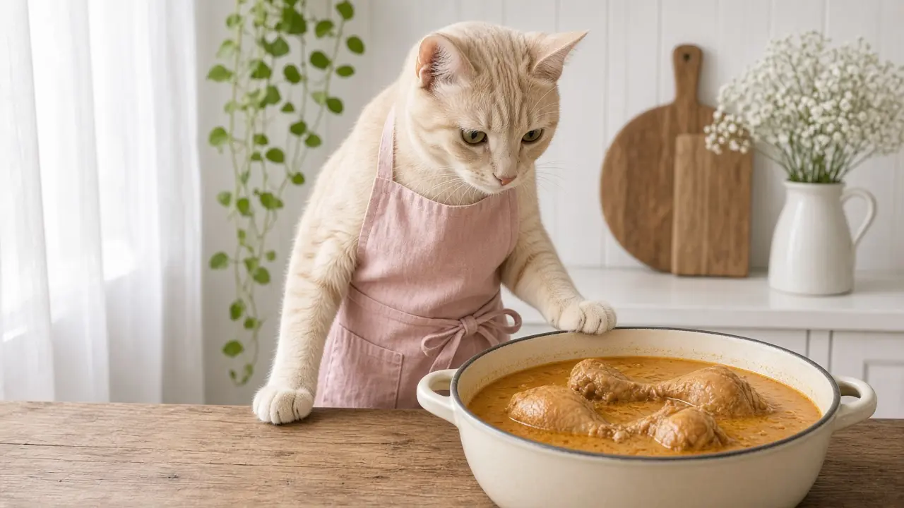 A cream-coloured cat in a pink apron, cooking this dish