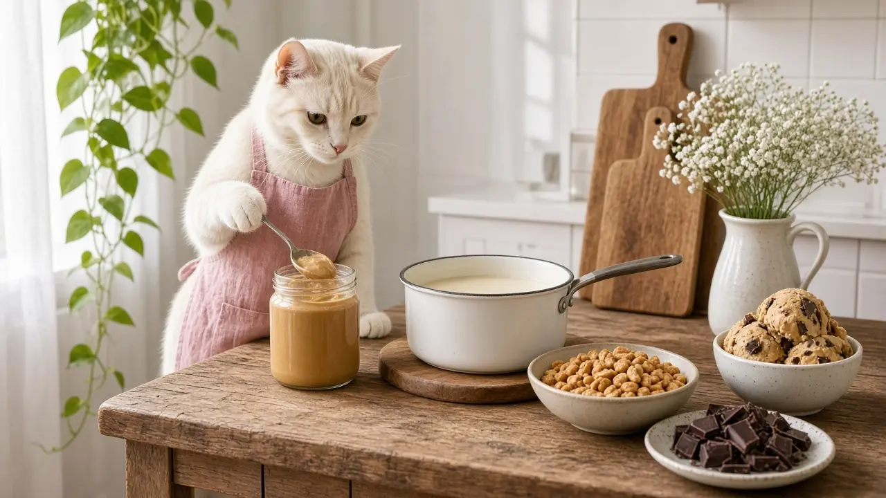 A cream-coloured cat in a pink apron, cooking this dish