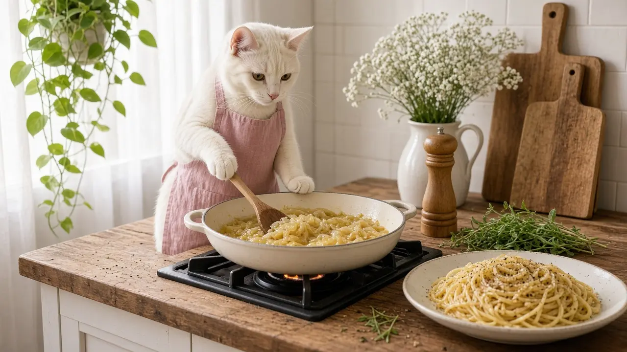 A cream-coloured cat in a pink apron, cooking this dish