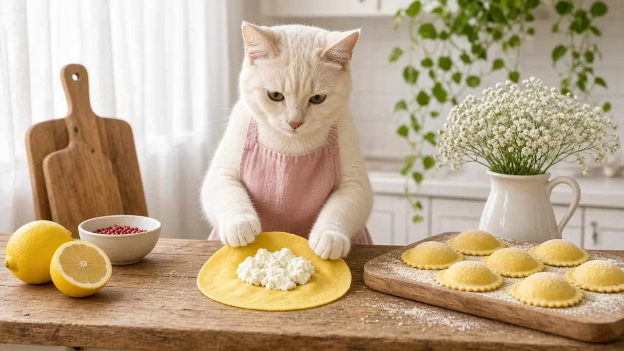 A cream-coloured cat in a pink apron, cooking this dish