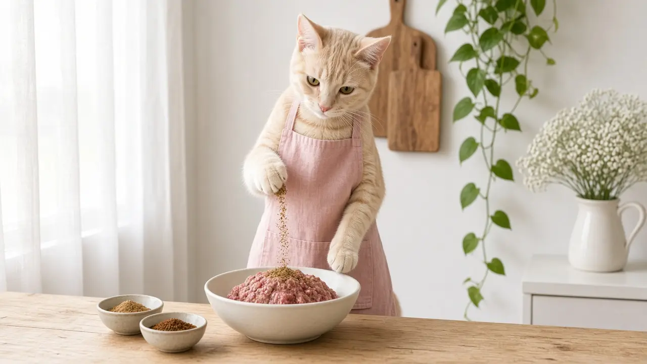 A cream-coloured cat in a pink apron, cooking this dish