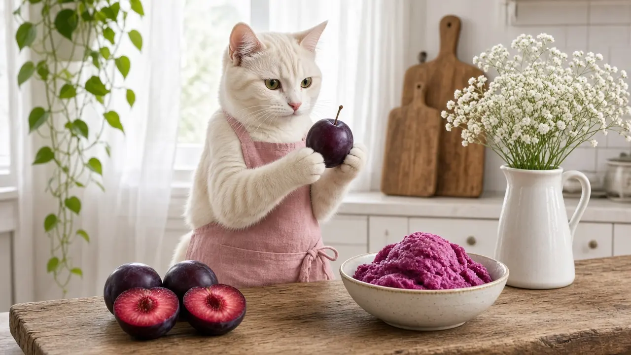 A cream-coloured cat in a pink apron, cooking this dish