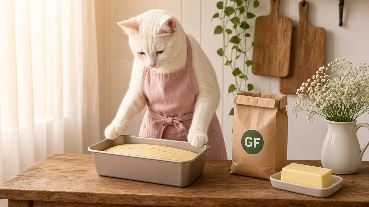 A cream-coloured cat in a pink apron, cooking this dish