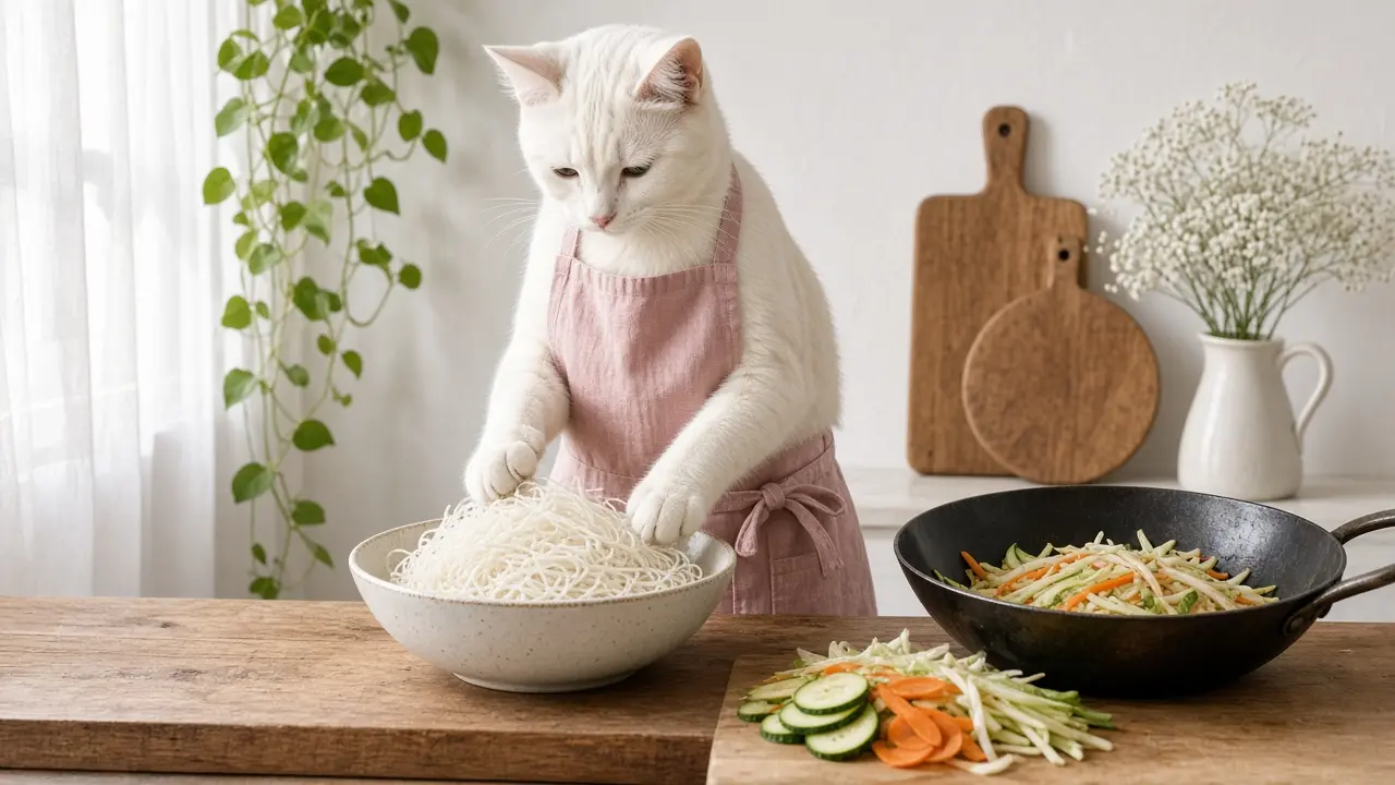 A cream-coloured cat in a pink apron, cooking this dish