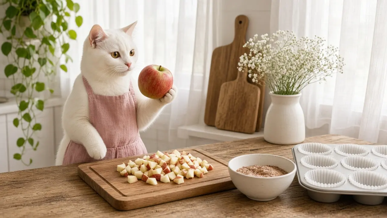 A cream-coloured cat in a pink apron, cooking this dish