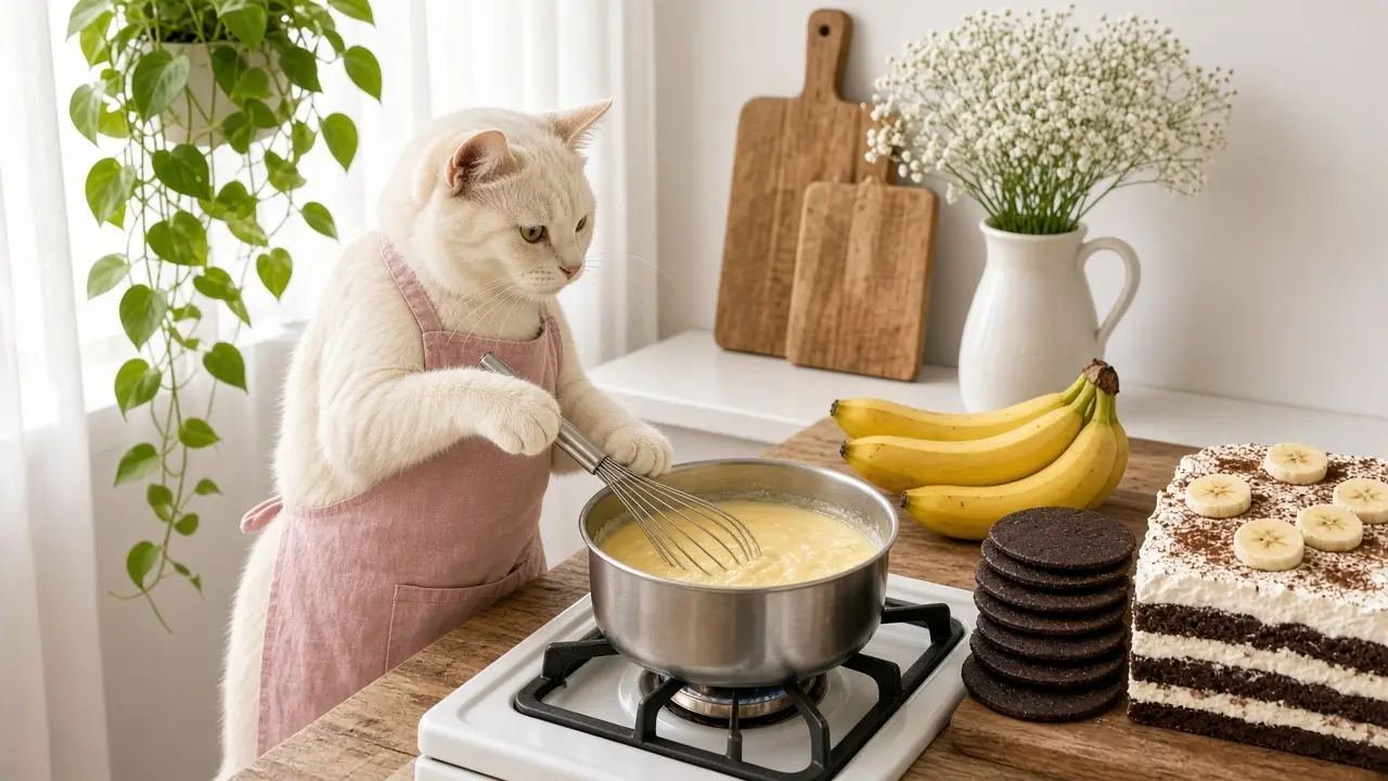 A cream-coloured cat in a pink apron, cooking this dish