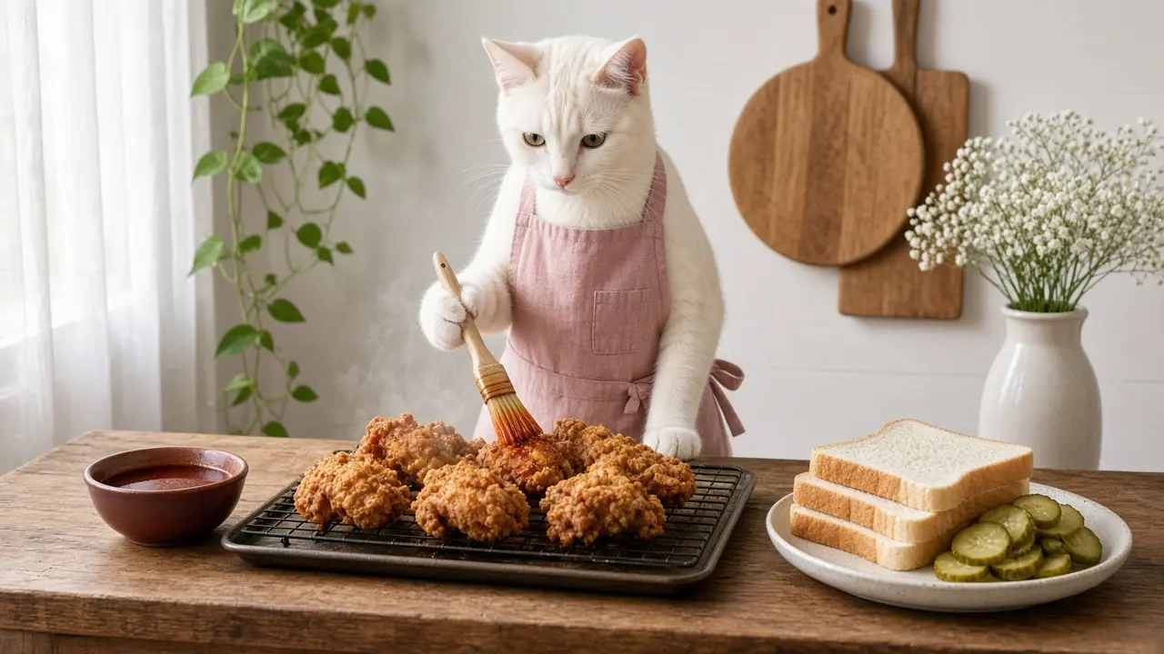 A cream-coloured cat in a pink apron, cooking this dish