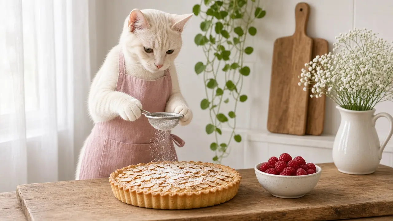 A cream-coloured cat in a pink apron, cooking this dish