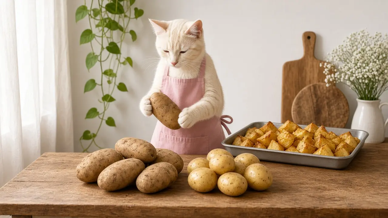 A cream-coloured cat in a pink apron, cooking this dish