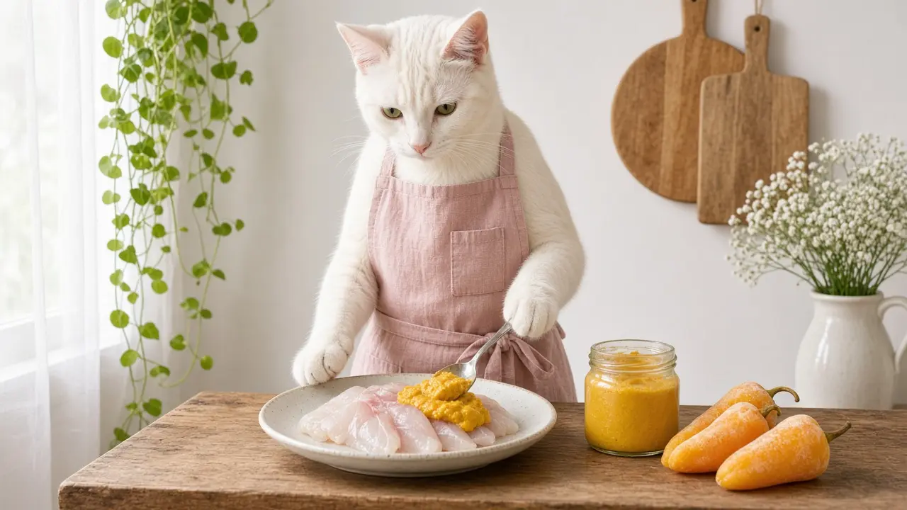 A cream-coloured cat in a pink apron, cooking this dish