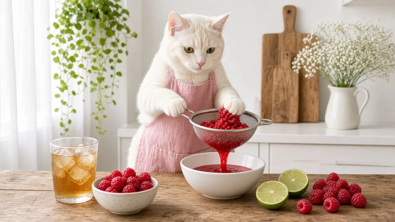A cream-coloured cat in a pink apron, cooking this dish