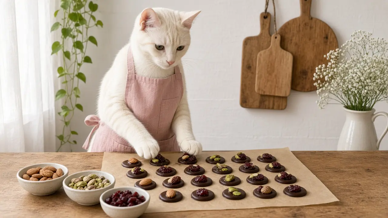 A cream-coloured cat in a pink apron, cooking this dish