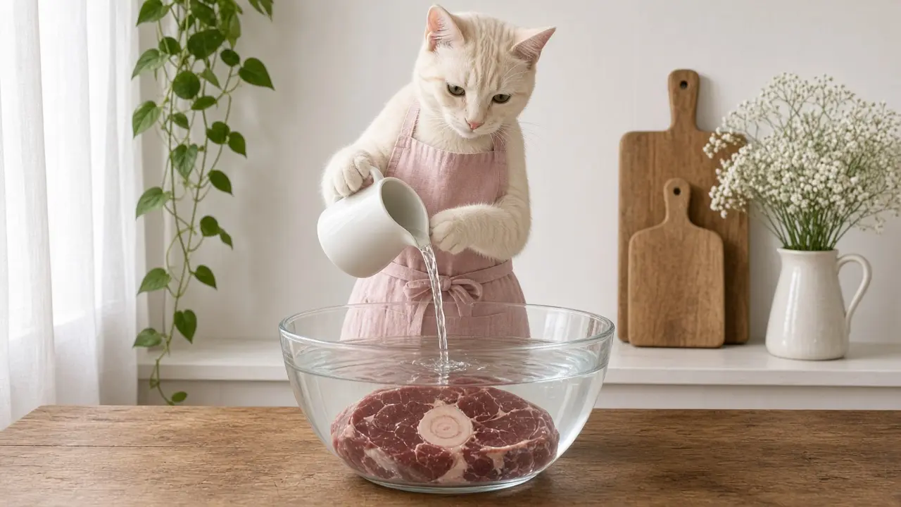 A cream-coloured cat in a pink apron, cooking this dish