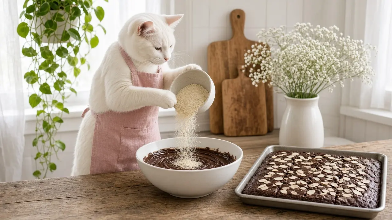 A cream-coloured cat in a pink apron, cooking this dish