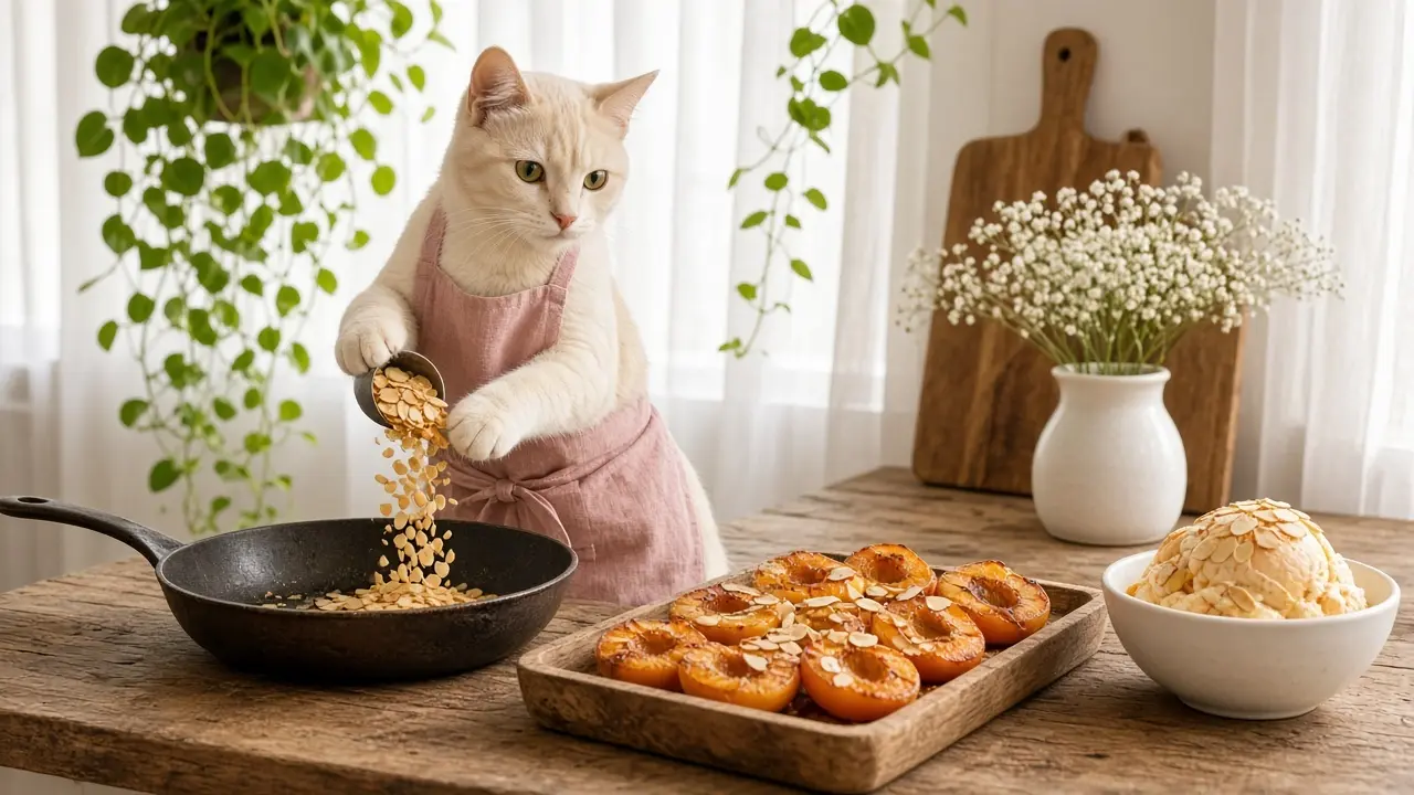 A cream-coloured cat in a pink apron, cooking this dish