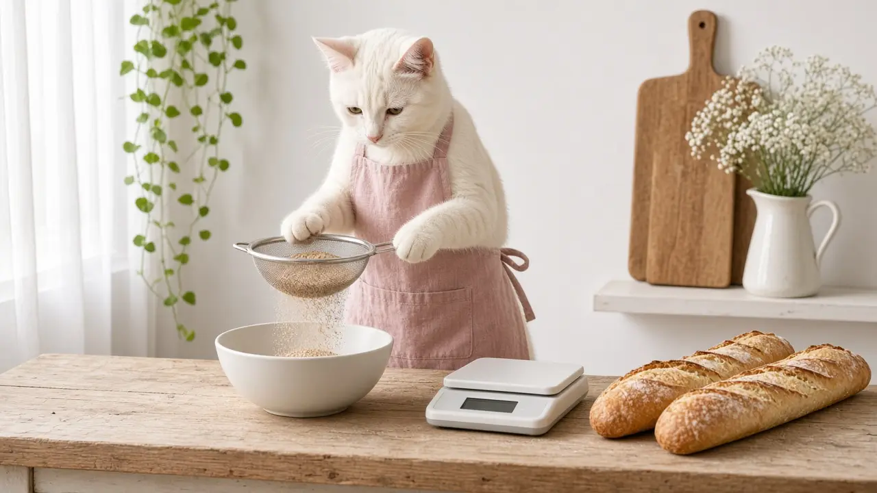 A cream-coloured cat in a pink apron, cooking this dish