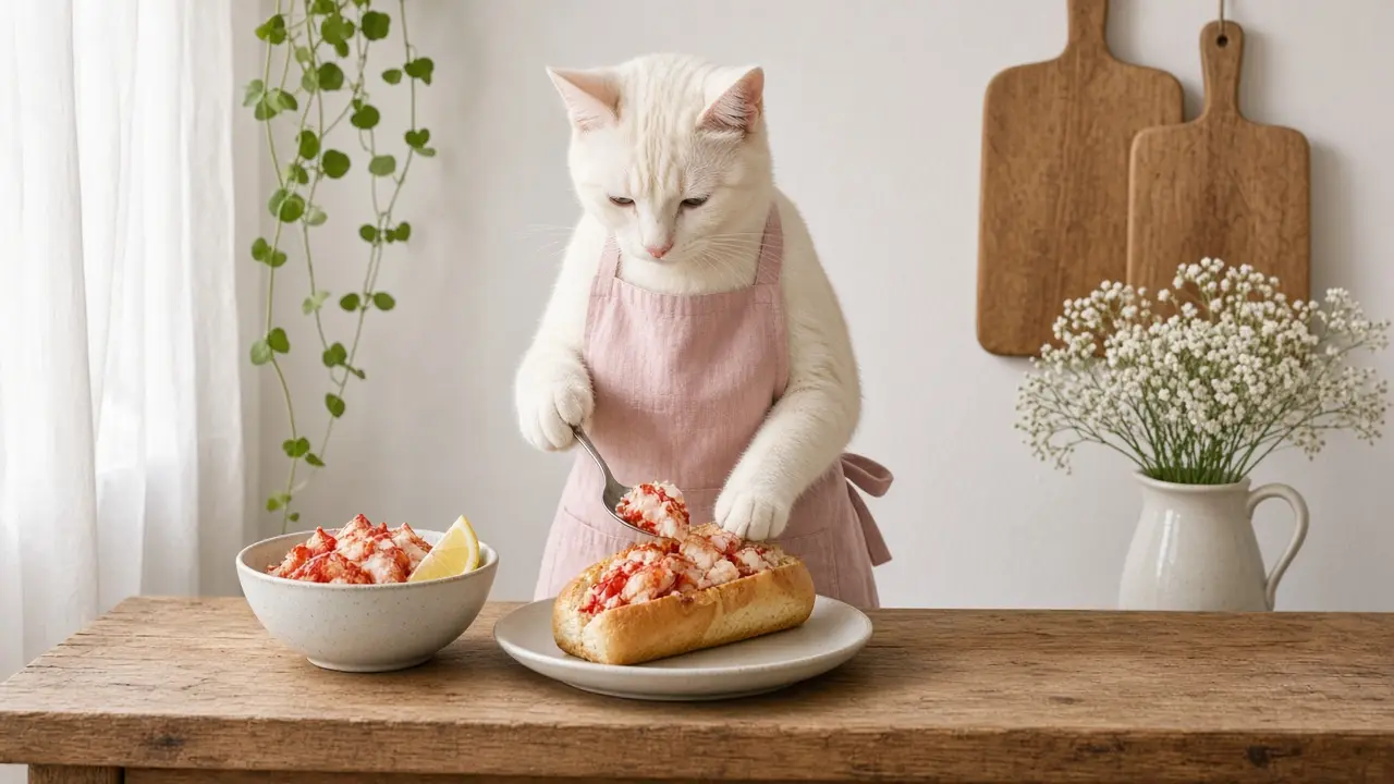 A cream-coloured cat in a pink apron, cooking this dish