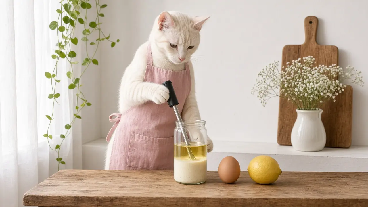 A cream-coloured cat in a pink apron, cooking this dish