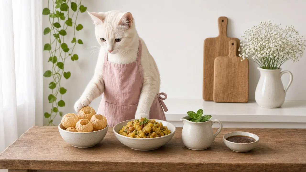 A cream-coloured cat in a pink apron, cooking this dish