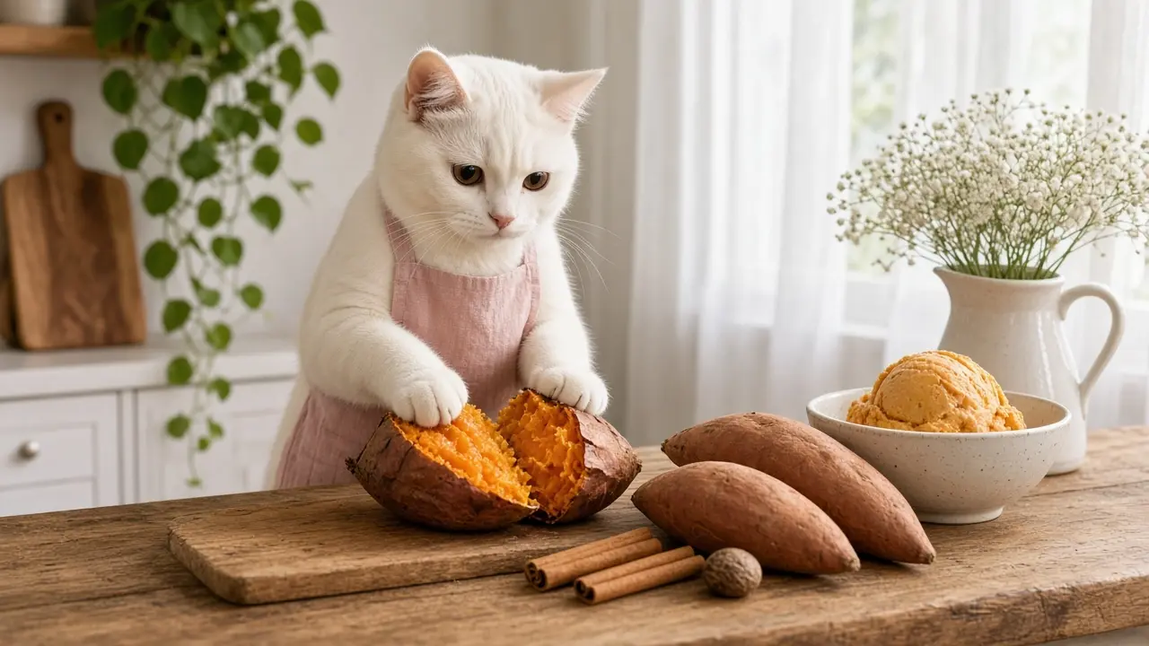 A cream-coloured cat in a pink apron, cooking this dish
