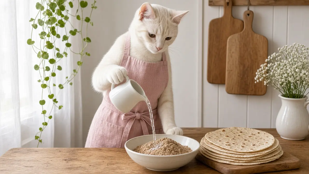 A cream-coloured cat in a pink apron, cooking this dish