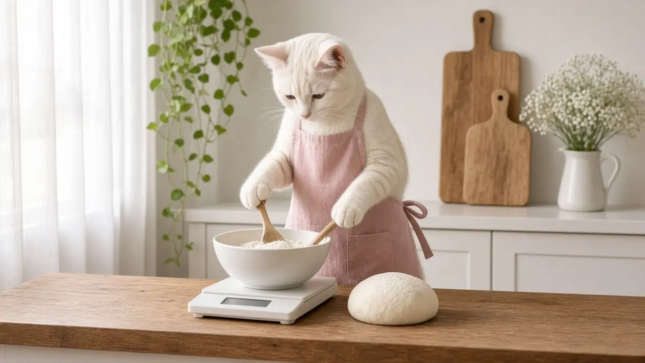 A cream-coloured cat in a pink apron, cooking this dish