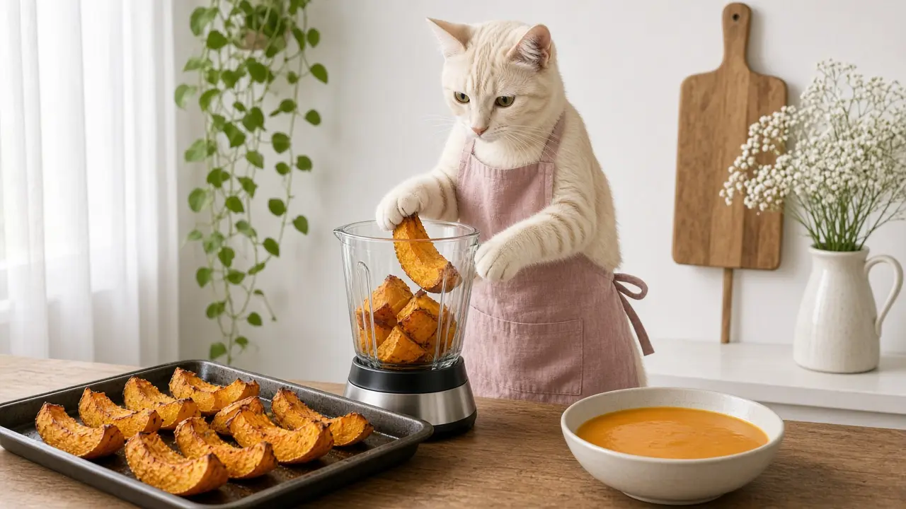 A cream-coloured cat in a pink apron, cooking this dish