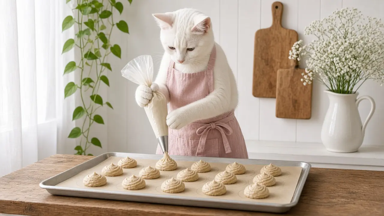 A cream-coloured cat in a pink apron, cooking this dish