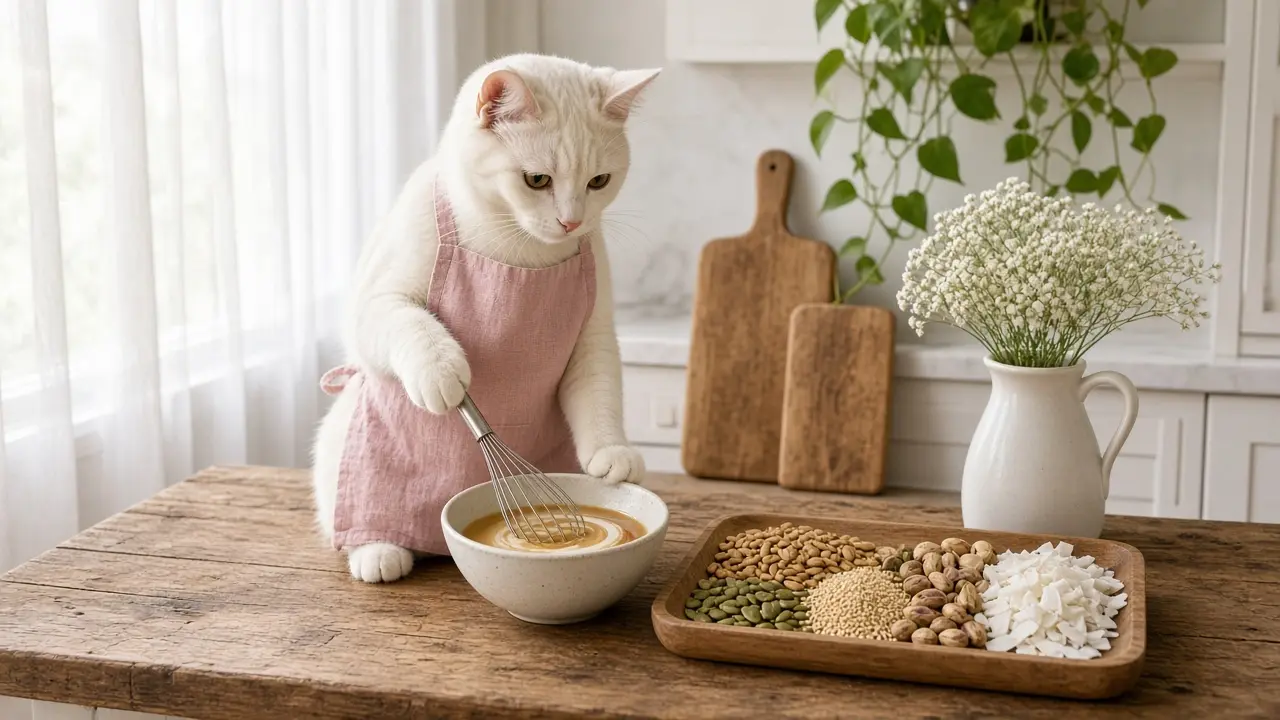 A cream-coloured cat in a pink apron, cooking this dish