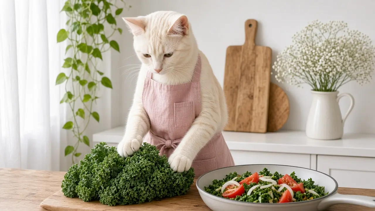 A cream-coloured cat in a pink apron, cooking this dish