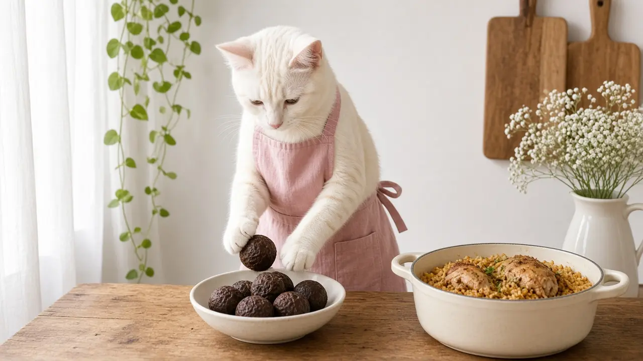 A cream-coloured cat in a pink apron, cooking this dish