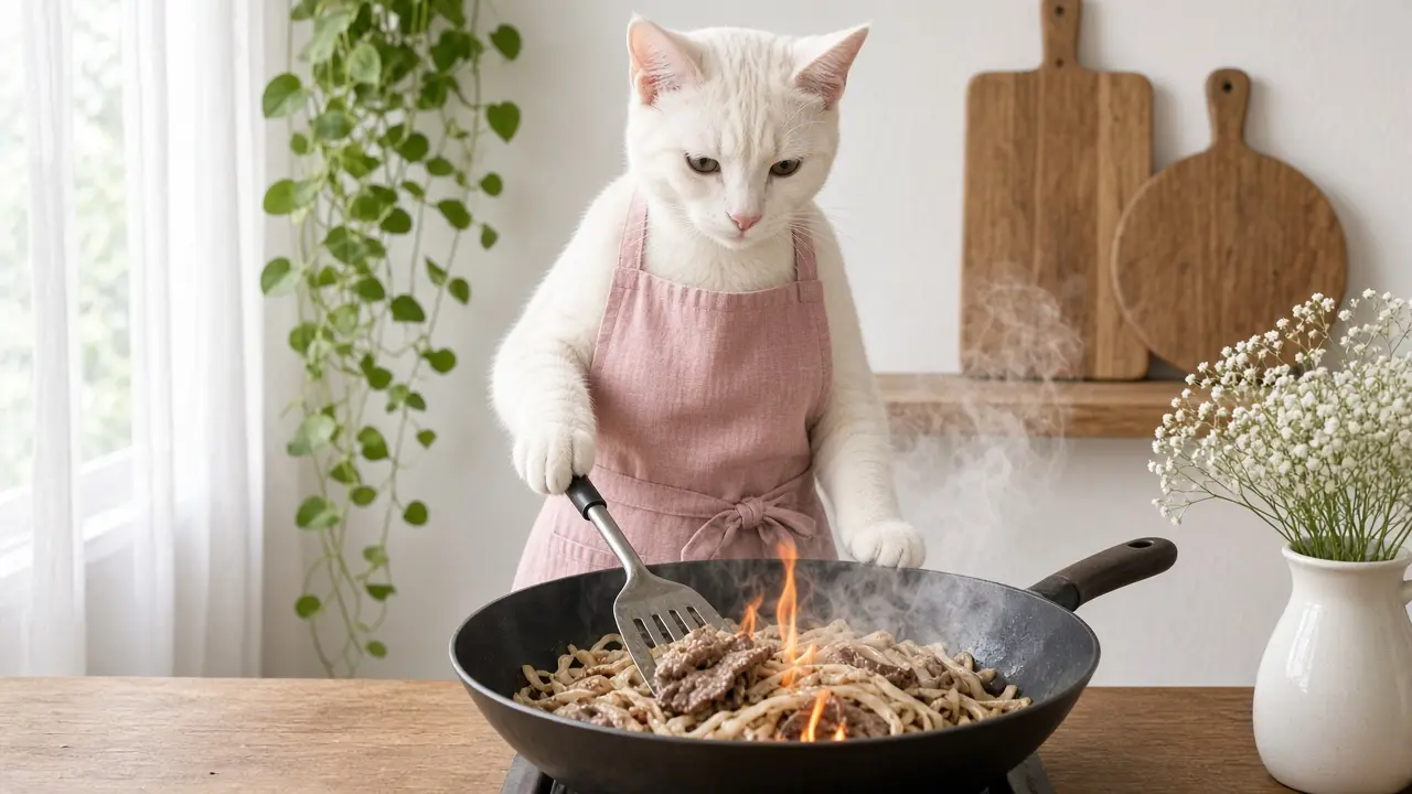 A cream-coloured cat in a pink apron, cooking this dish