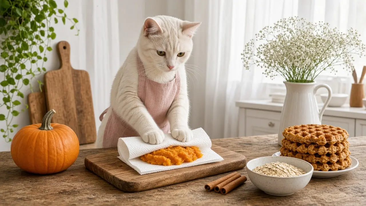 A cream-coloured cat in a pink apron, cooking this dish