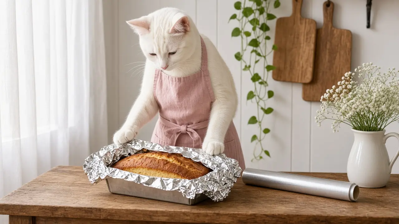 A cream-coloured cat in a pink apron, cooking this dish