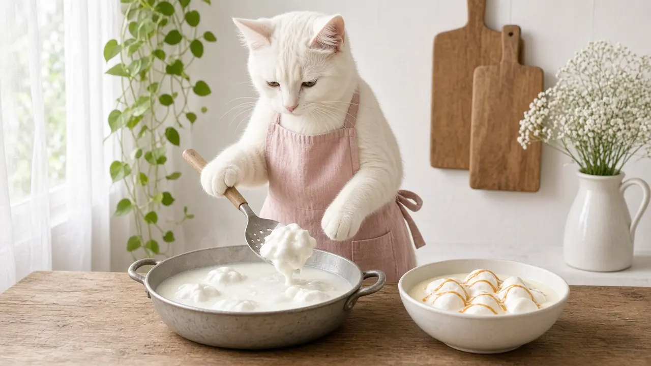 A cream-coloured cat in a pink apron, cooking this dish