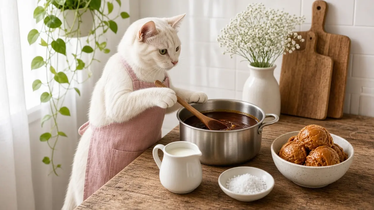 A cream-coloured cat in a pink apron, cooking this dish