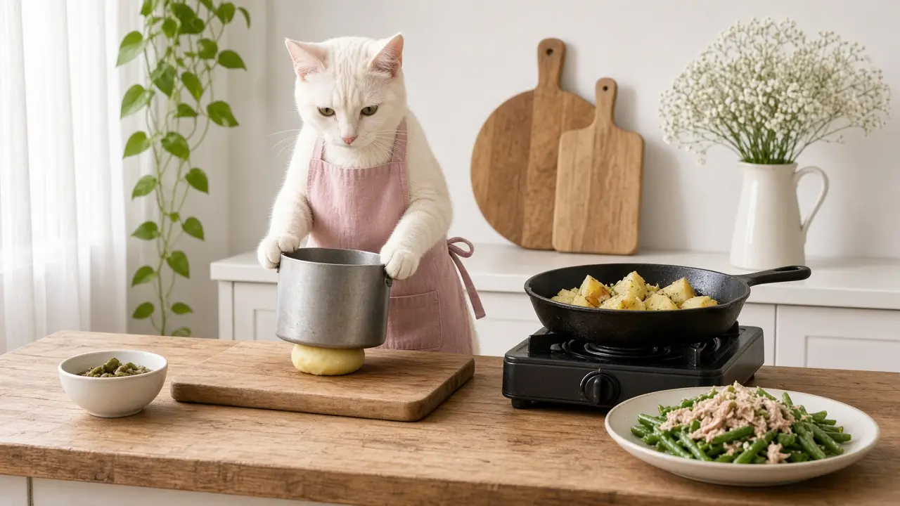 A cream-coloured cat in a pink apron, cooking this dish