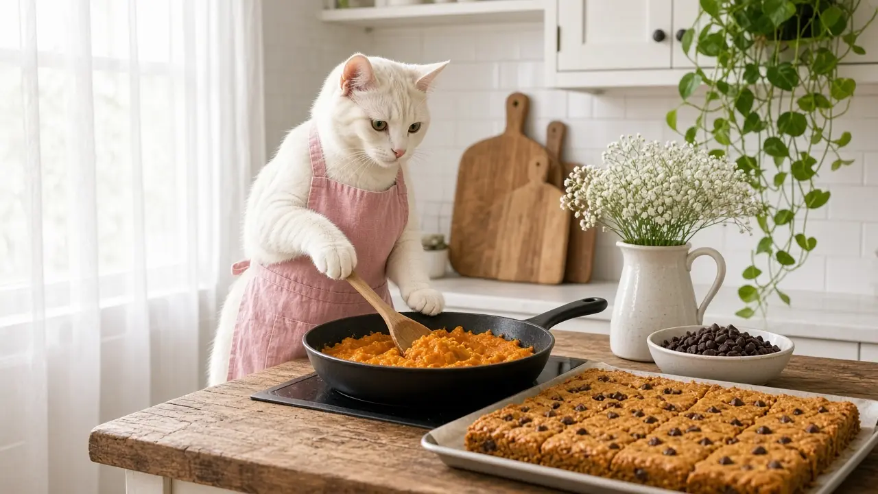A cream-coloured cat in a pink apron, cooking this dish