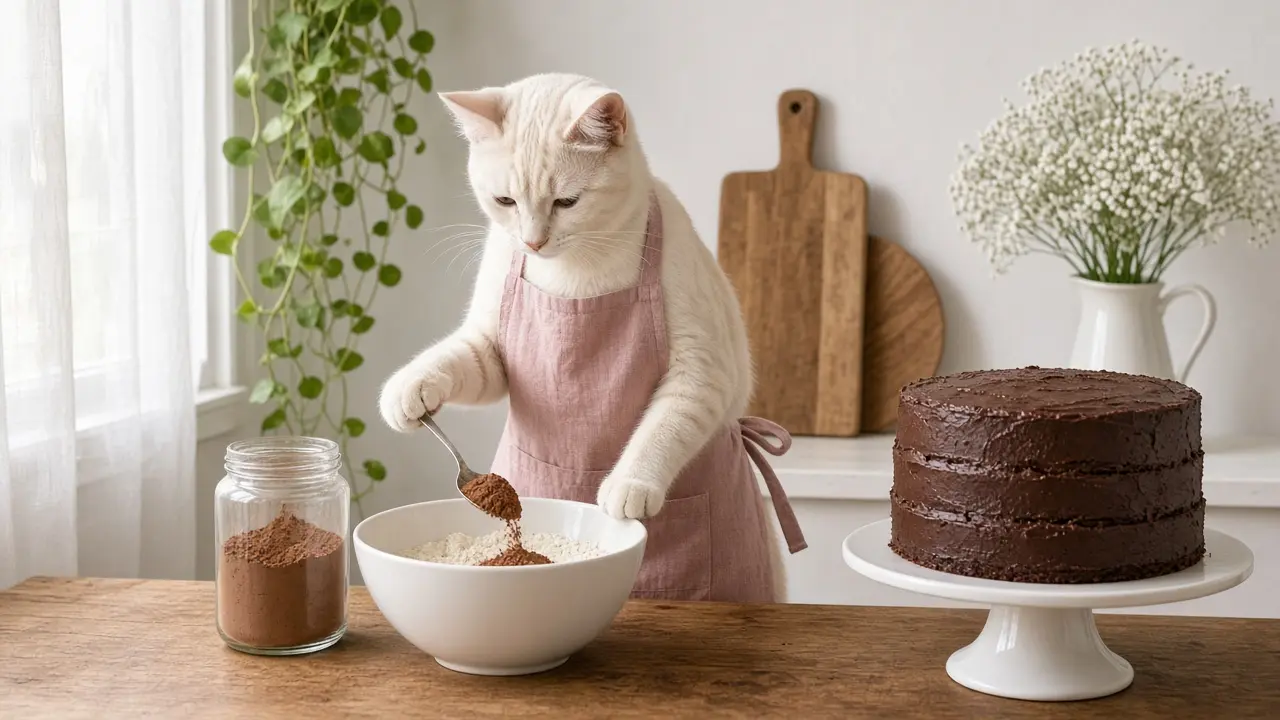 A cream-coloured cat in a pink apron, cooking this dish