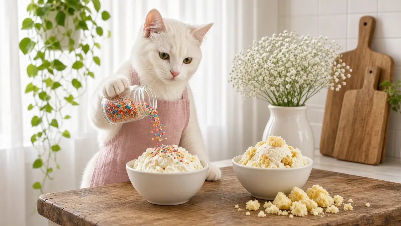A cream-coloured cat in a pink apron, cooking this dish