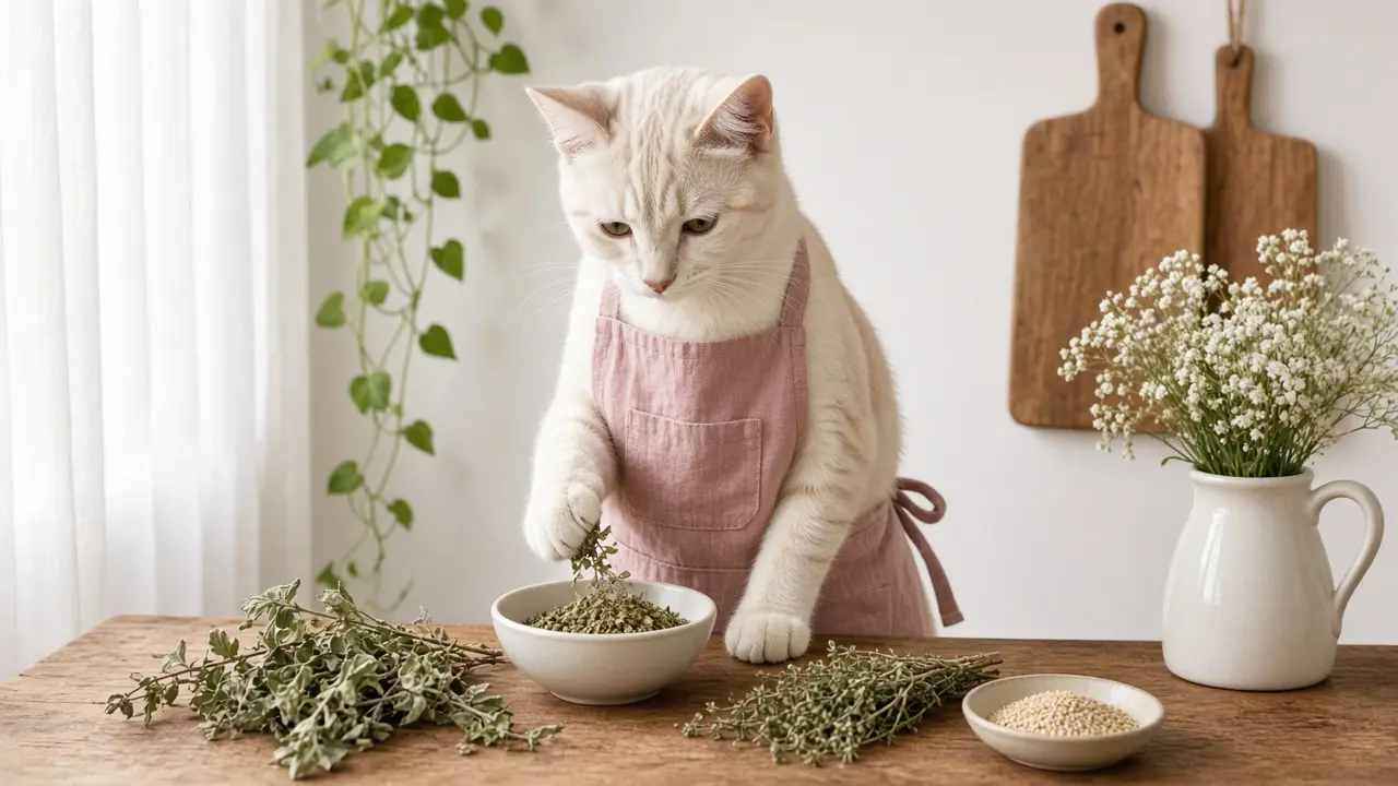 A cream-coloured cat in a pink apron, cooking this dish