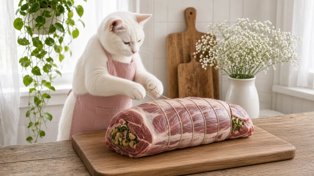 A cream-coloured cat in a pink apron, cooking this dish