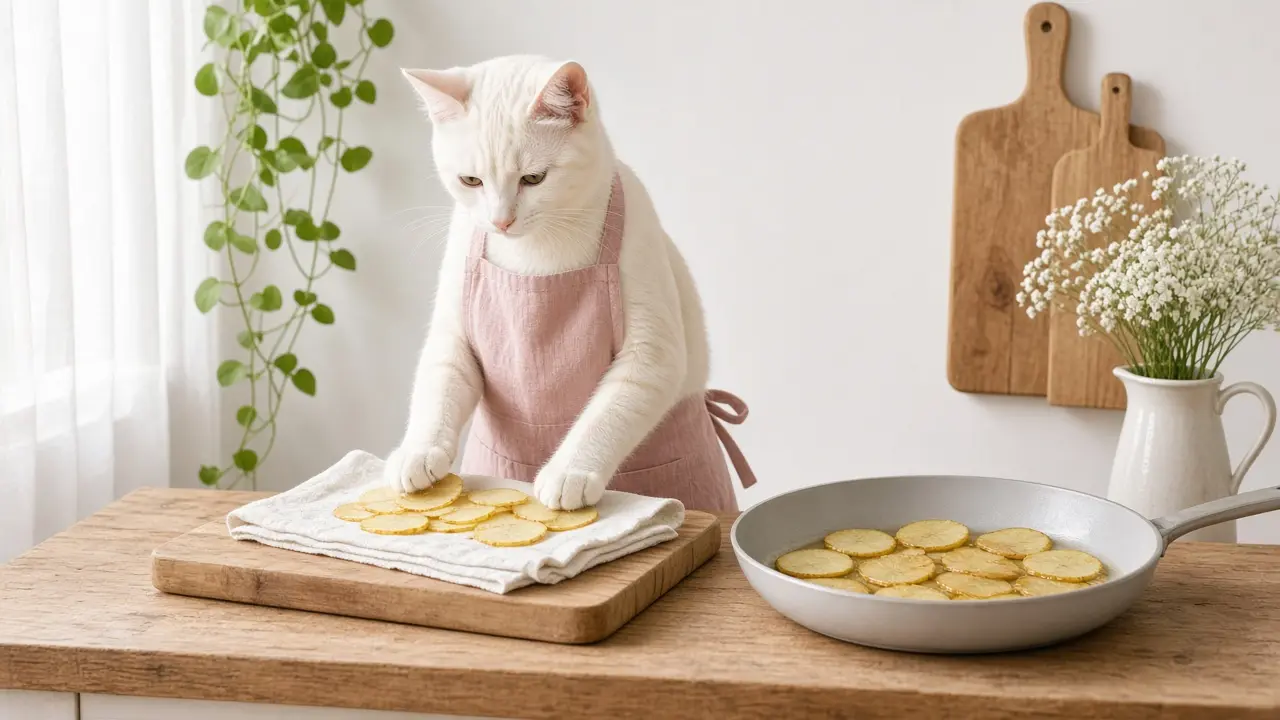 A cream-coloured cat in a pink apron, cooking this dish