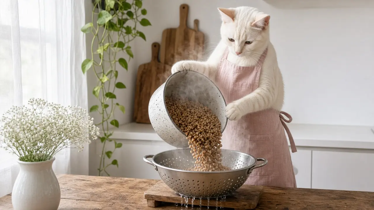 A cream-coloured cat in a pink apron, cooking this dish