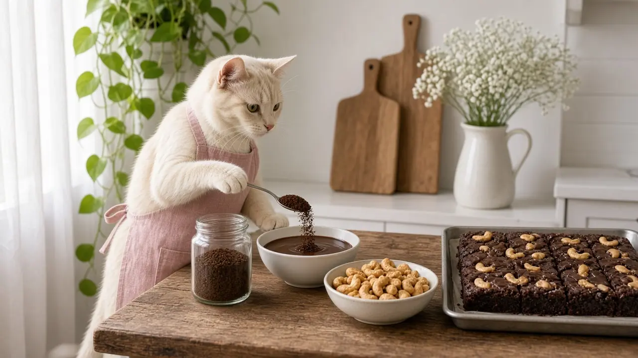 A cream-coloured cat in a pink apron, cooking this dish