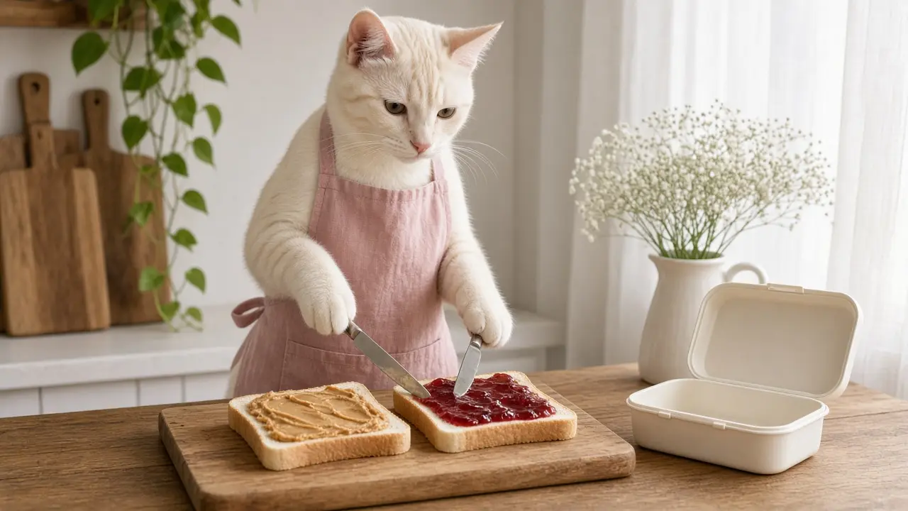 A cream-coloured cat in a pink apron, cooking this dish