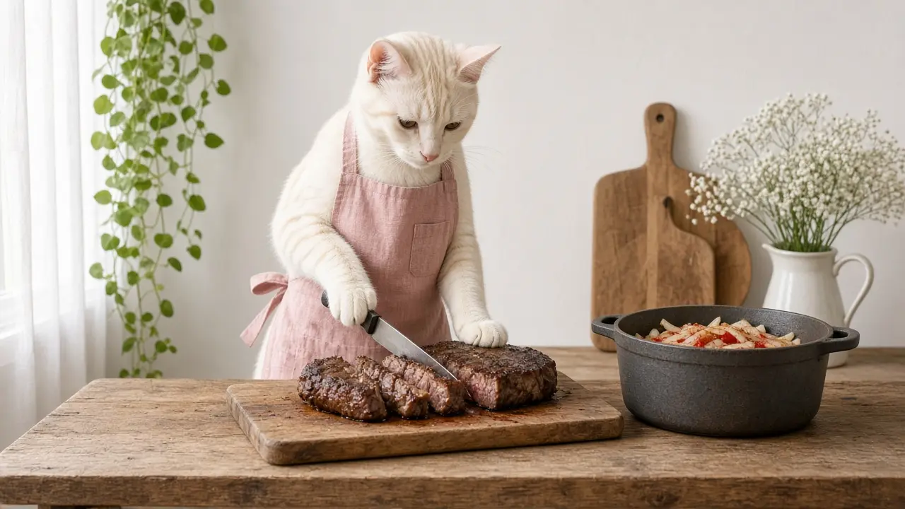 A cream-coloured cat in a pink apron, cooking this dish