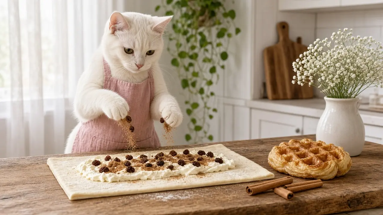 A cream-coloured cat in a pink apron, cooking this dish