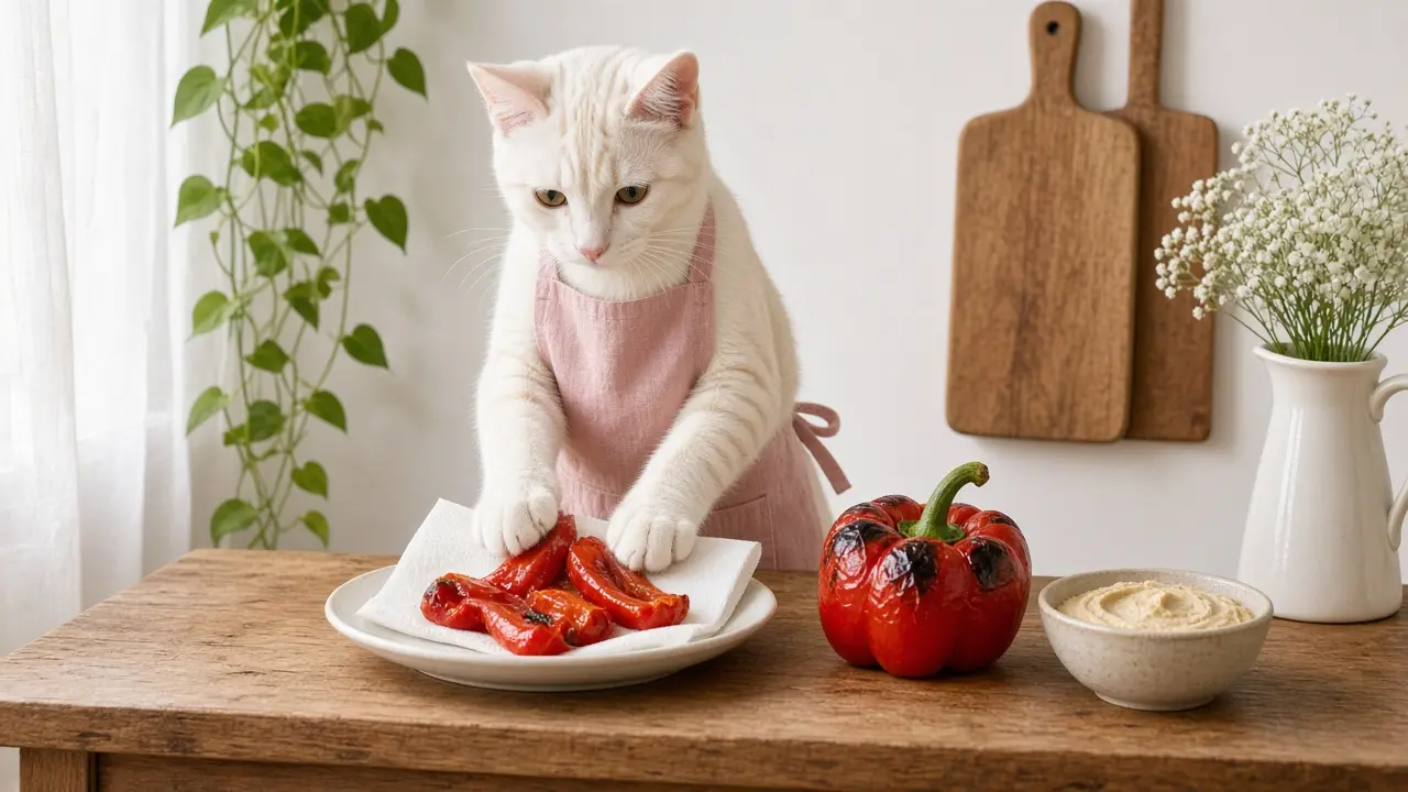 A cream-coloured cat in a pink apron, cooking this dish